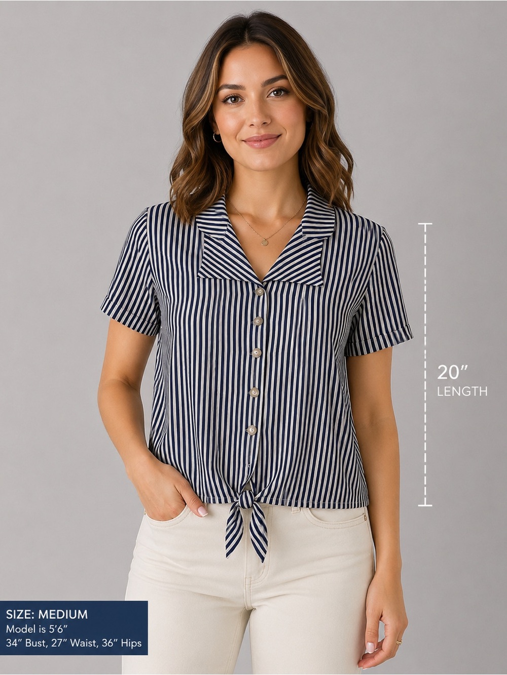 Women's Casual Corner Navy & Cream Striped Button-Up Tie-Front
Blouse - Medium